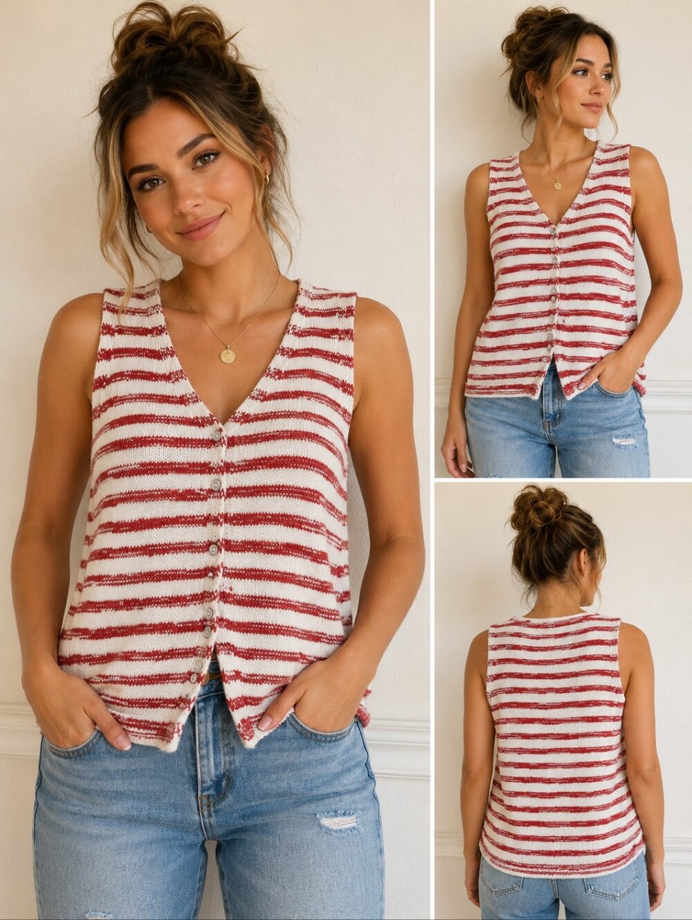 Womens Red and White Striped Knit Vest